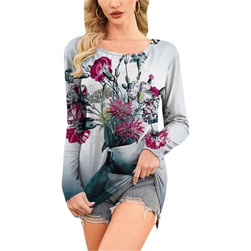 European and American Fashion Oil Painting Style Printed Casual Long Sleeved T-shirt O Neck Oversized Tees Tops Women's Clothing