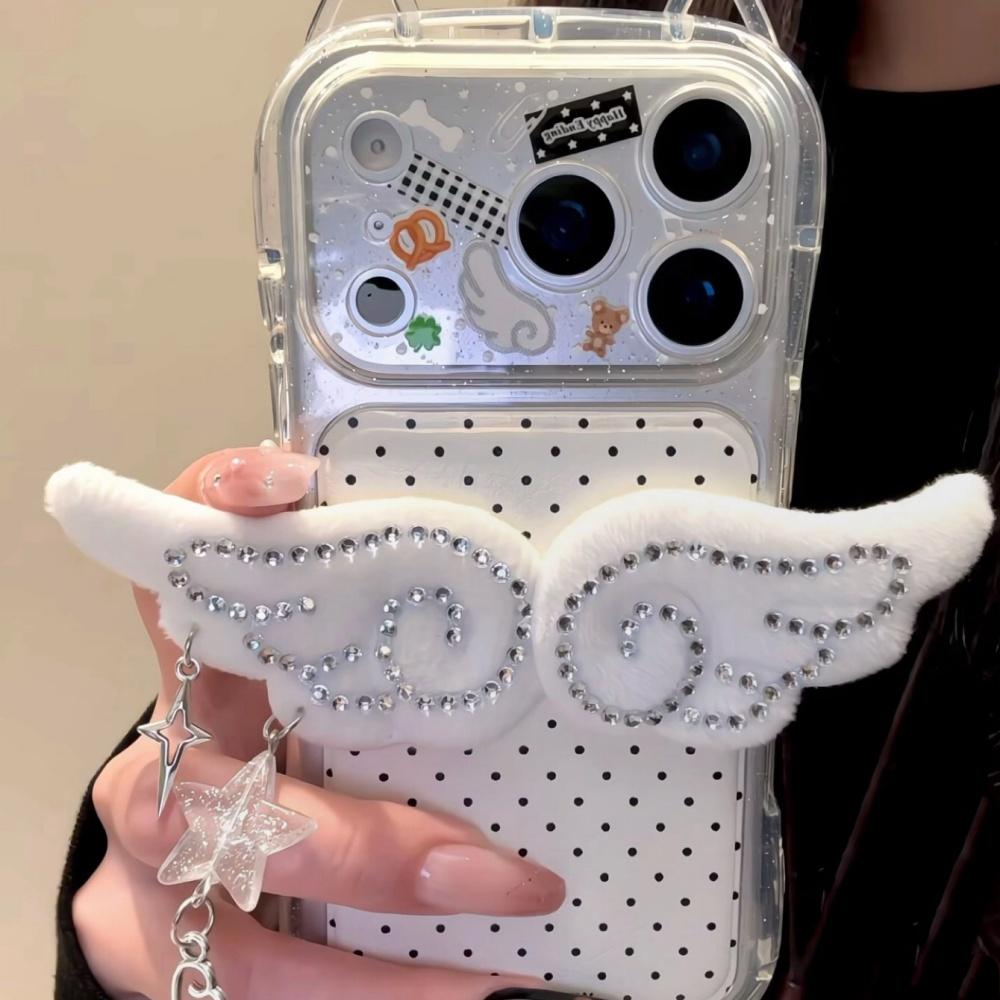 ins girl heart plush angel wings for apple 17 mobile phone case 17promax new iphone16pro women's 15 leather hard case