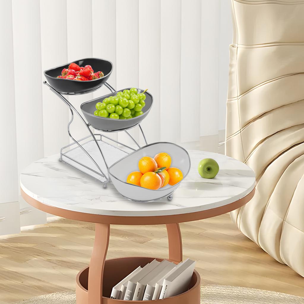 3-Tier Ceramic Fruit Snack Serving Bowl Set, Modern Tiered Fruit Display Stand with Acrylic Base, Iron Frame for Kitchen, Party