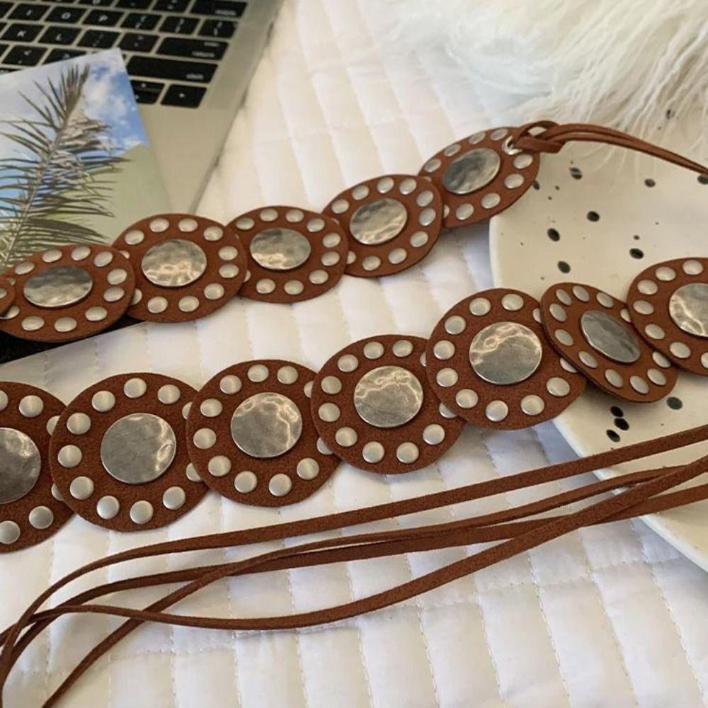 Round Leather Waist Belt Black Coffee Dress Jeans Belt American Women's Rivet Belt Spicy Girls