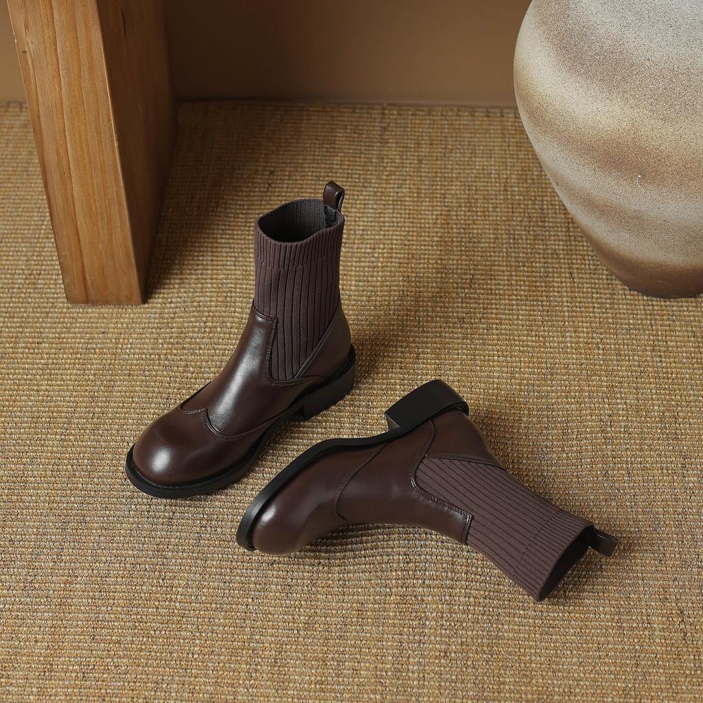 Krazing Pot Microfiber Autumn Winter Shoes Thick Med Heels Size 43 Chelsea Boots Back Knitwear Stretch Ankle Boots