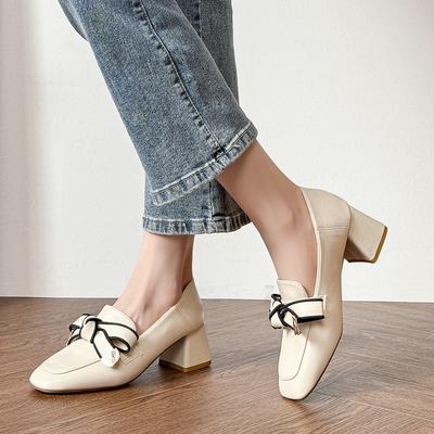 Fashion Square Toe Bowknot Leather Women Pupms Office Ladies High Heels Shoes Solid Color Bow Tacones De Mujer Big Size 34-43