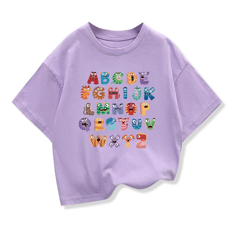Original Design Creative 26 English Letters Print Tee Tops Boys Girls Short Sleeve Tshirt Summer Kids Clothing