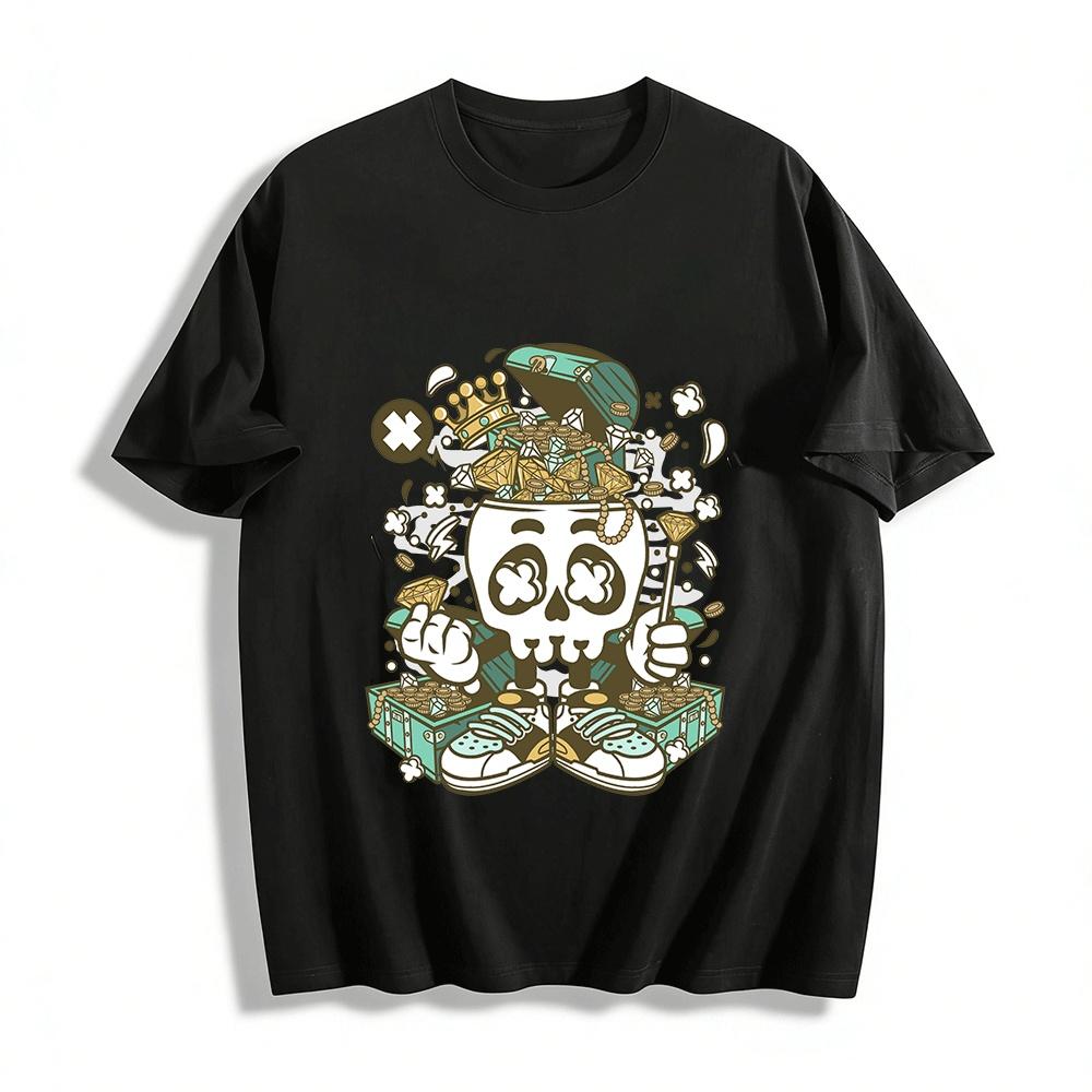 

Street Style Skull Print Top Fun Wealth Theme Loose Casual Tee Pure cotton T-shirt XXS