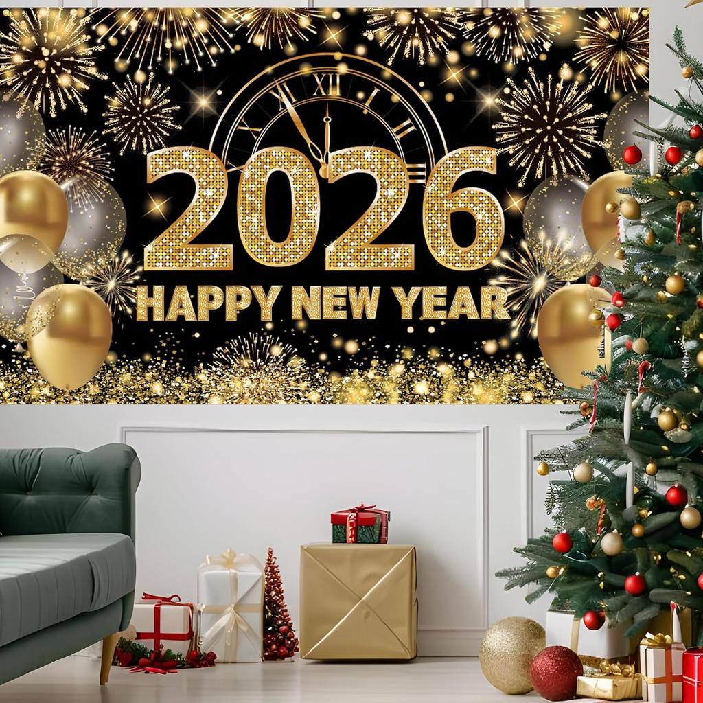 Large Happy New Year 2026 Banner, Black and Gold Happy New Year 2026 Banner, NYE Party Decorations for Boys, Girls, Friends, Celebrations Party Decor