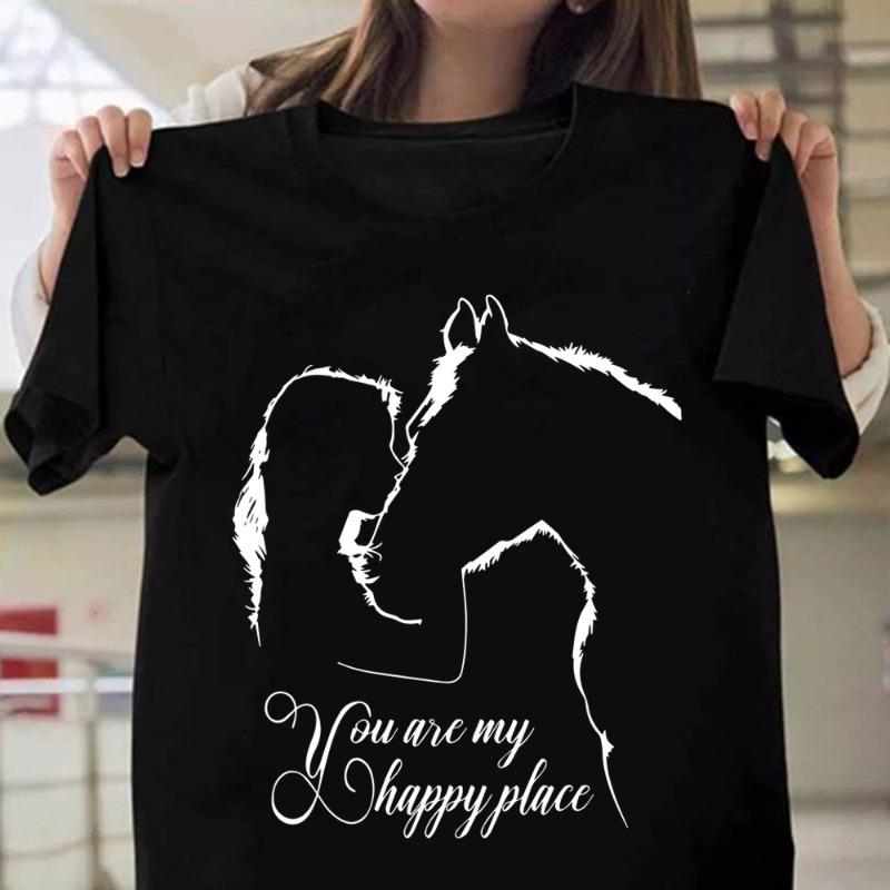 

Funny Horse and Girl You Are My Happy Place Print Tshirts Summer Short Sleeve Tee Shirts for Women Round Neck 3XL