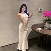 French high-end mesh splicing satin dress temperament celebrity waist slim banquet dress female summer