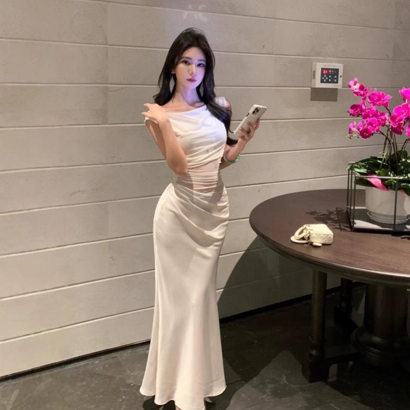 French high-end mesh splicing satin dress temperament celebrity waist slim banquet dress female summer