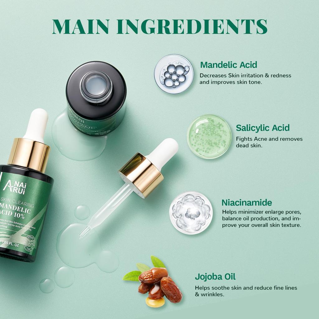 ANAiRUi Mandelic Acid Serum 10% AHA BHA Exfoliating Face Serum with Salicylic Acid & Tea Tree Oil 30ml