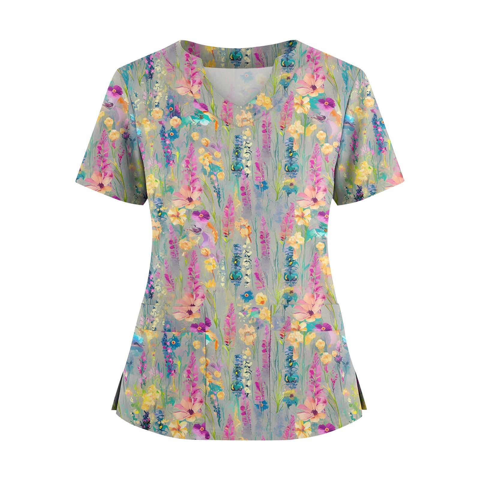 

Women s Printed Floral V-neck Loose Short Sleeved Shirt L