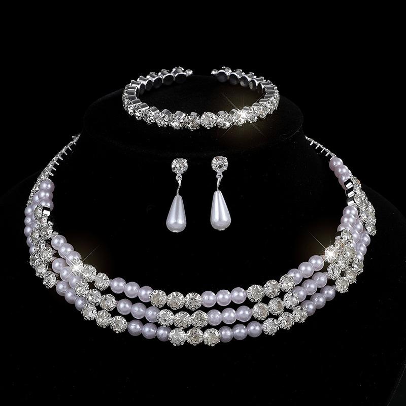 Bridal Pearl Full Diamond Necklace Necklace Diamond Imitation Pearl Bracelet Earrings Necklace Set Women