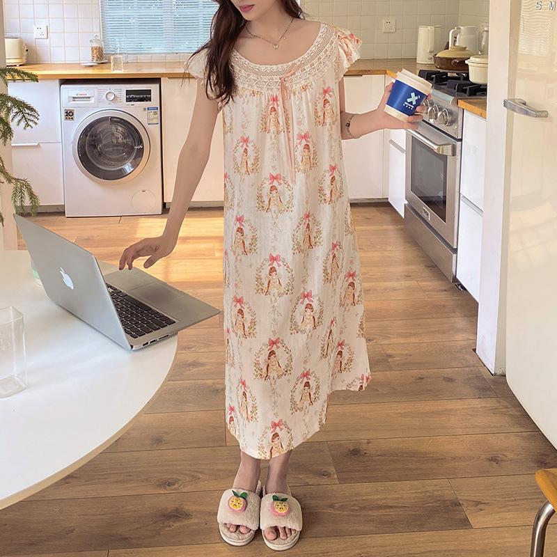 Vernis summer new cotton breathable nightdress sweet print pattern loungewear pajamas women can wear outside