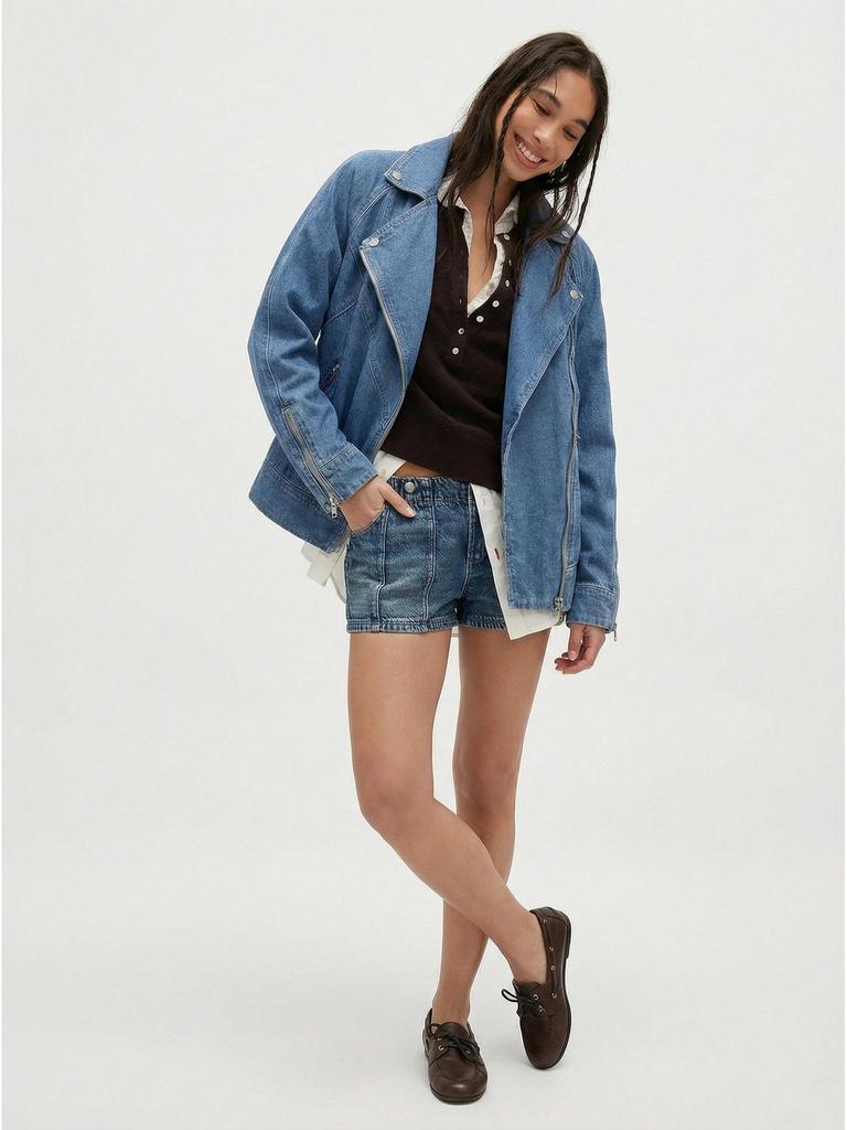 2026 Spring European & American Style Women's Washed Blue Denim Motorcycle Jacket - Casual & Versatile