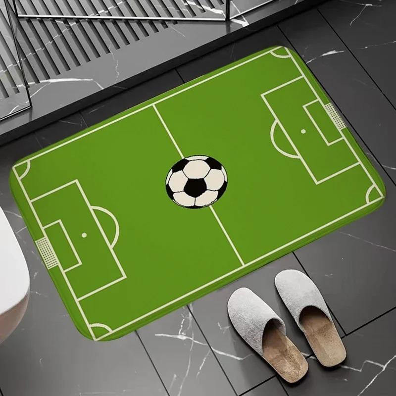 Soccer Field Pattern Door Mat Football Stadium Design Rug, Non Slip Sports Themed Floor Mat for Home Bathroom and Bedroom Decor