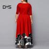 Women O Neck 3/4 Sleeve Maxi Dress Hollow Out Printing Loose Hem High Waist A Line Gown Long Dress Female Clothing