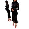 Black Lace Cutout Round Neck Bodycon Midi Dress Women 2026 Elegant Sexy Slim Fit Long Sleeve