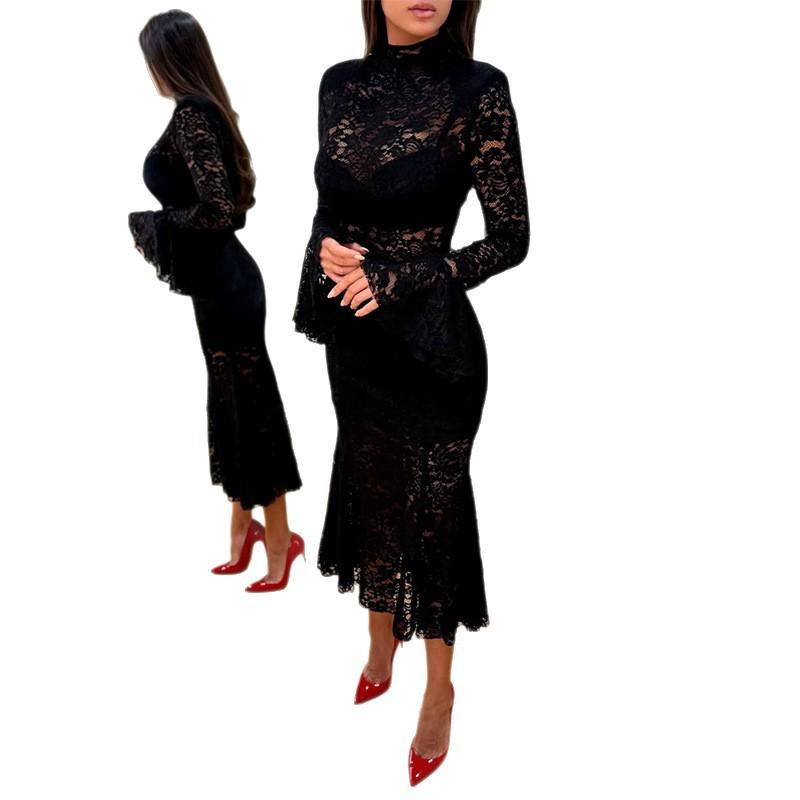 Black Lace Cutout Round Neck Bodycon Midi Dress Women 2026 Elegant Sexy Slim Fit Long Sleeve