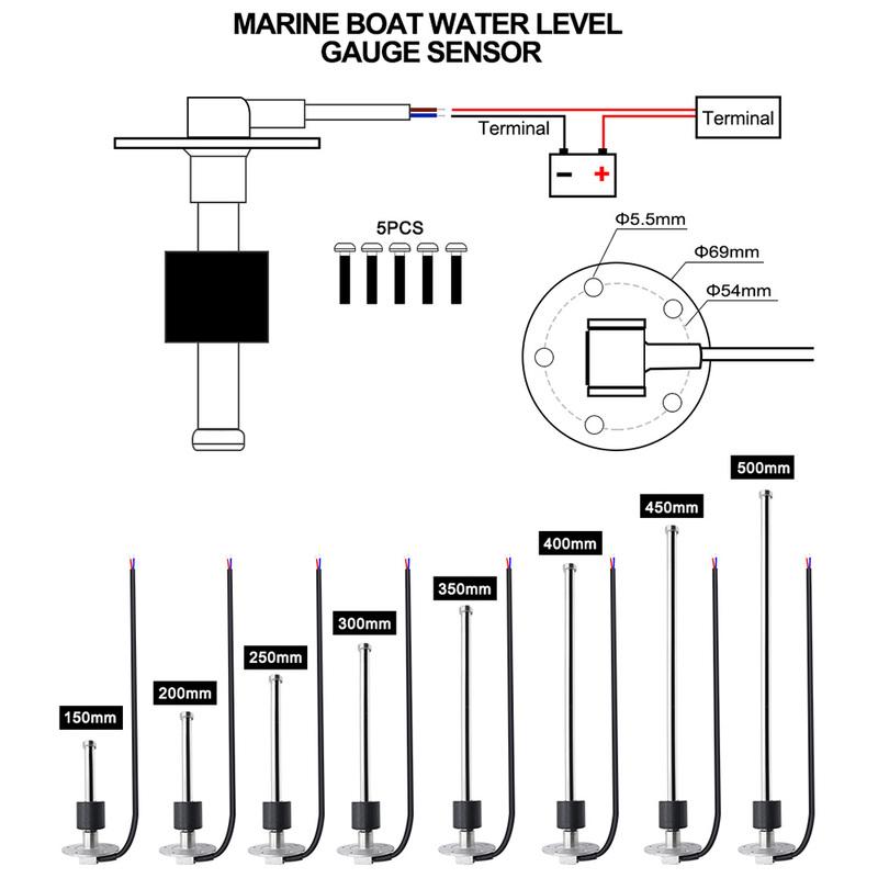 100-500mm Stainless Steel Marine Fuel Level Gauge Sensor Fit Boat Car Fuel Level Gauge Meter 0-190 ohm with Red Backlight 9-32V