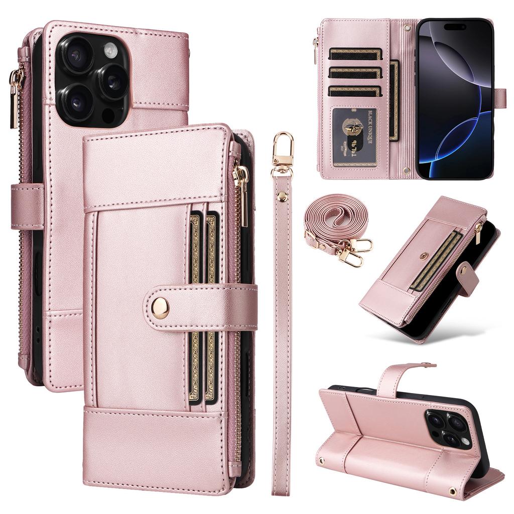 Shoulder Strap Zip Leather Wallet Card Solt Case for iPhone 16 Pro Max 16E 15 Plus 14 13 12 11 Lanyard Flip Purse Holder Cover