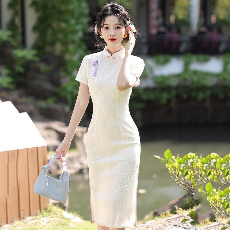 Modern Chinese-Inspired Midi Cheongsam Dress Women 2026 Lightweight Stretchable Wear Small