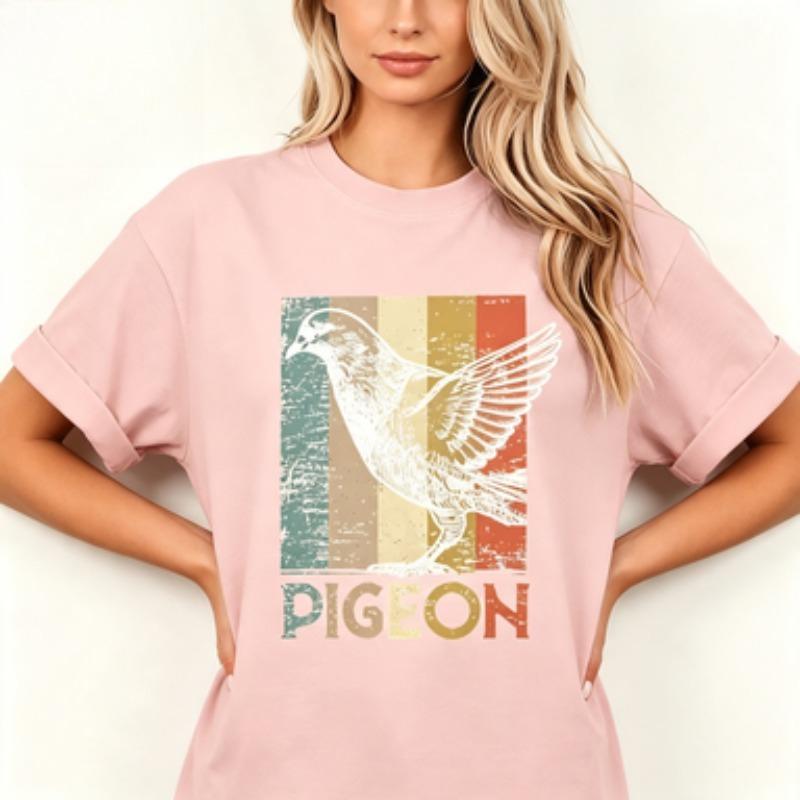 Vintage Style Unisex Cotton Tshirt Distressed Pigeon Outline Print Retro Color Block Bird Graphic Casual Daily Short Sleeve Tees