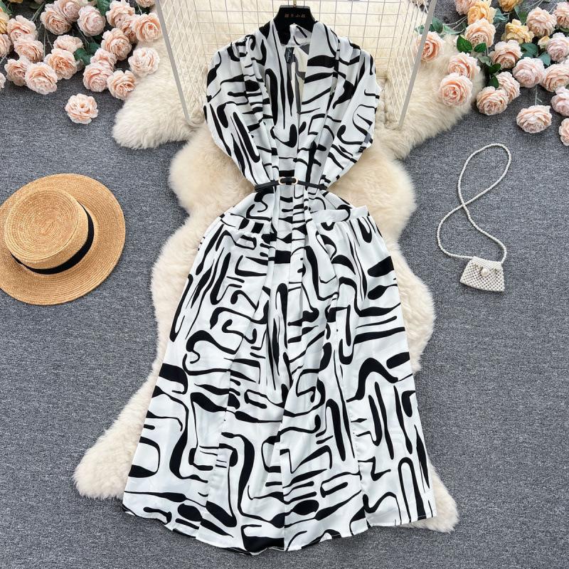 Light Luxury Retro Collar Printed Dress Women's Summer French Lace-up Waist Loose and Thin Medium and Long Shirt Skirt