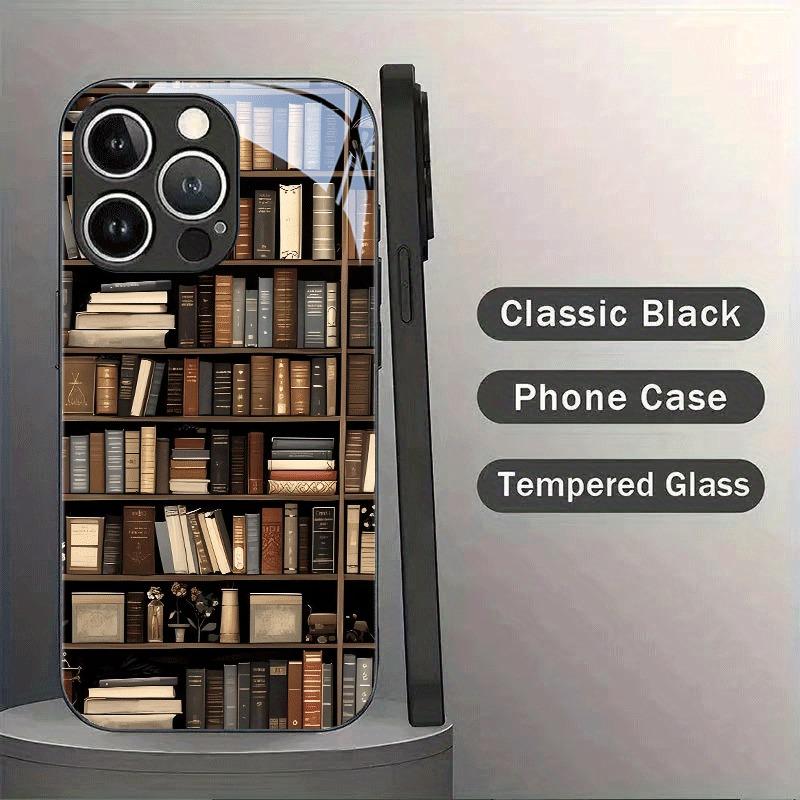 Retro Bookshelf Art Pattern Glass Material Phone Case For iPhone 17 16 15 14 Pro Max 13 12 11 17Air 16E 7 8 Plus XR XS X Cover