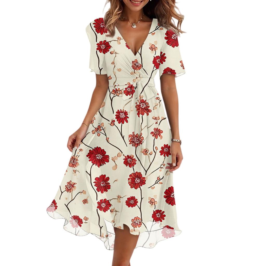 Rochii de damă la modă, casual, cu gât în V, mânecă scurtă, cu volane, vintage, cu imprimeuri