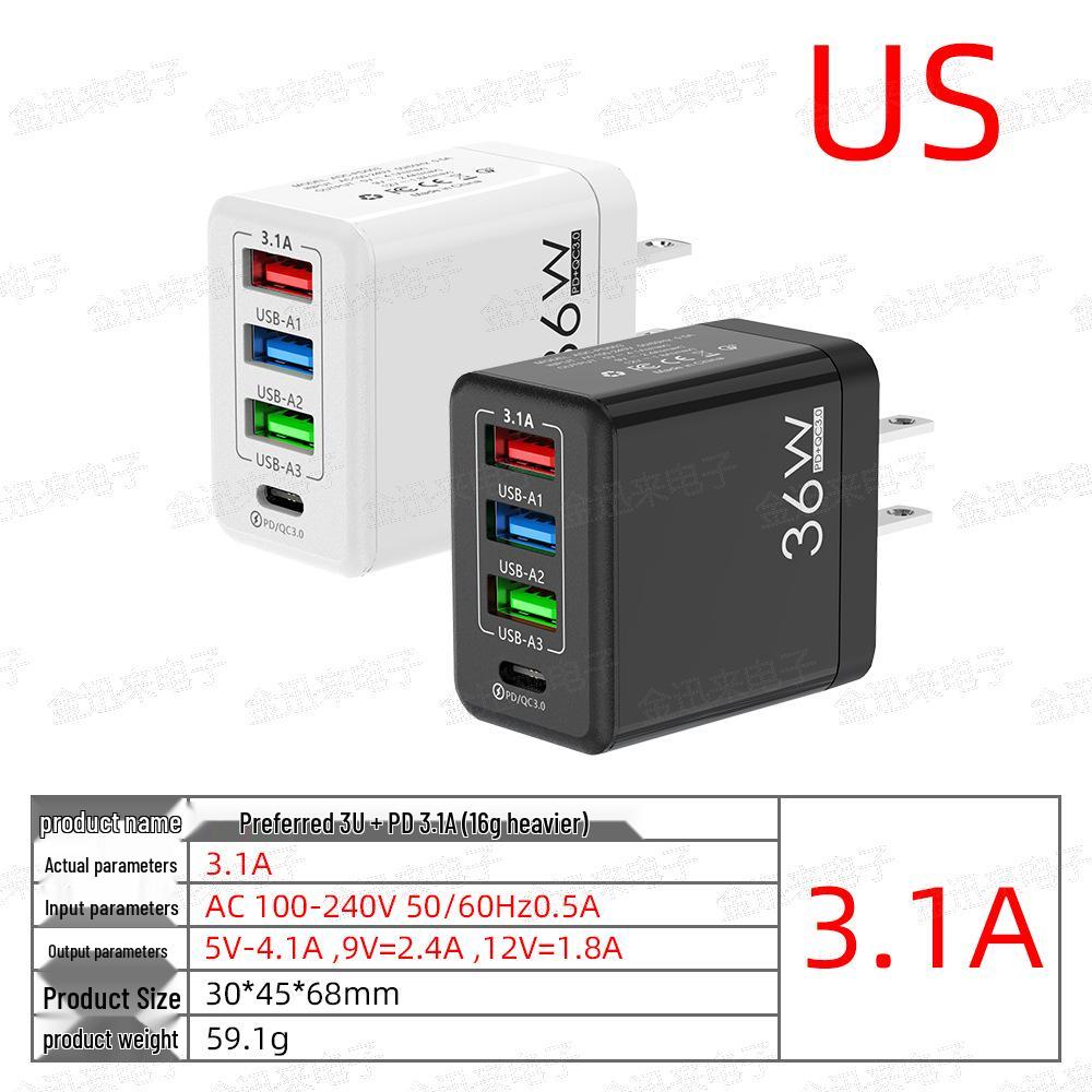 36W Multi-Port Charger with 3A+1C Ports, UK Standard, High-Power 3.1A Flash Charging