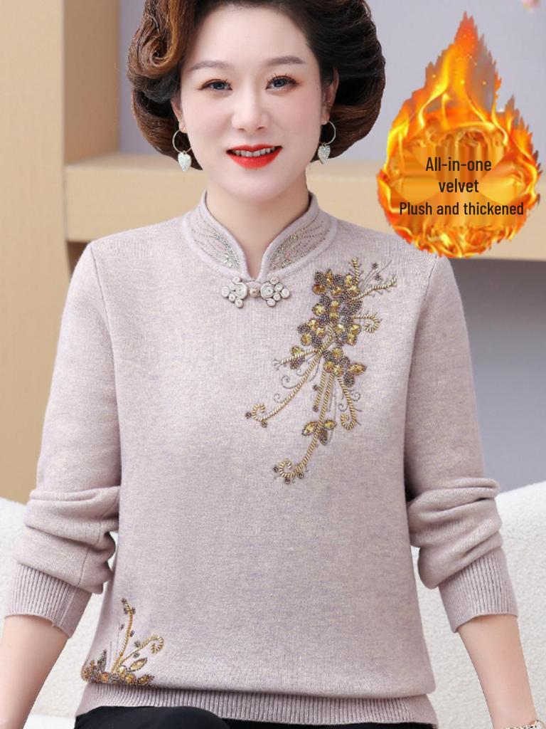 Mom's Chinese Embroidered Top: Fashionable Plus Velvet Sweater for Middle-Aged & Elderly Women, Autumn/Winter Base Layer