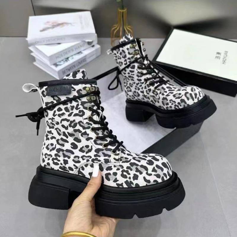 Stiefel Frau Trend Motorrad Leopardenmuster Damenstiefel Neu High-End Beliebt Knöchelstiefel Dickbesohlt Komfort Damenschuhe
