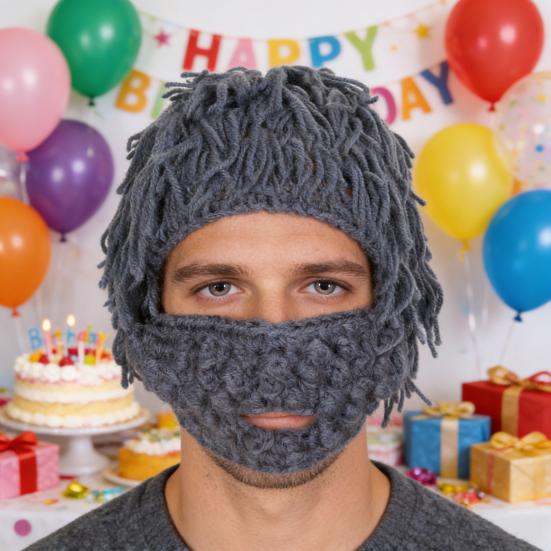 Kids Hat with Detachable Soft Yarn Straight Hair Wig Punk Style Mustache Warm Knitted Beard Cosplay