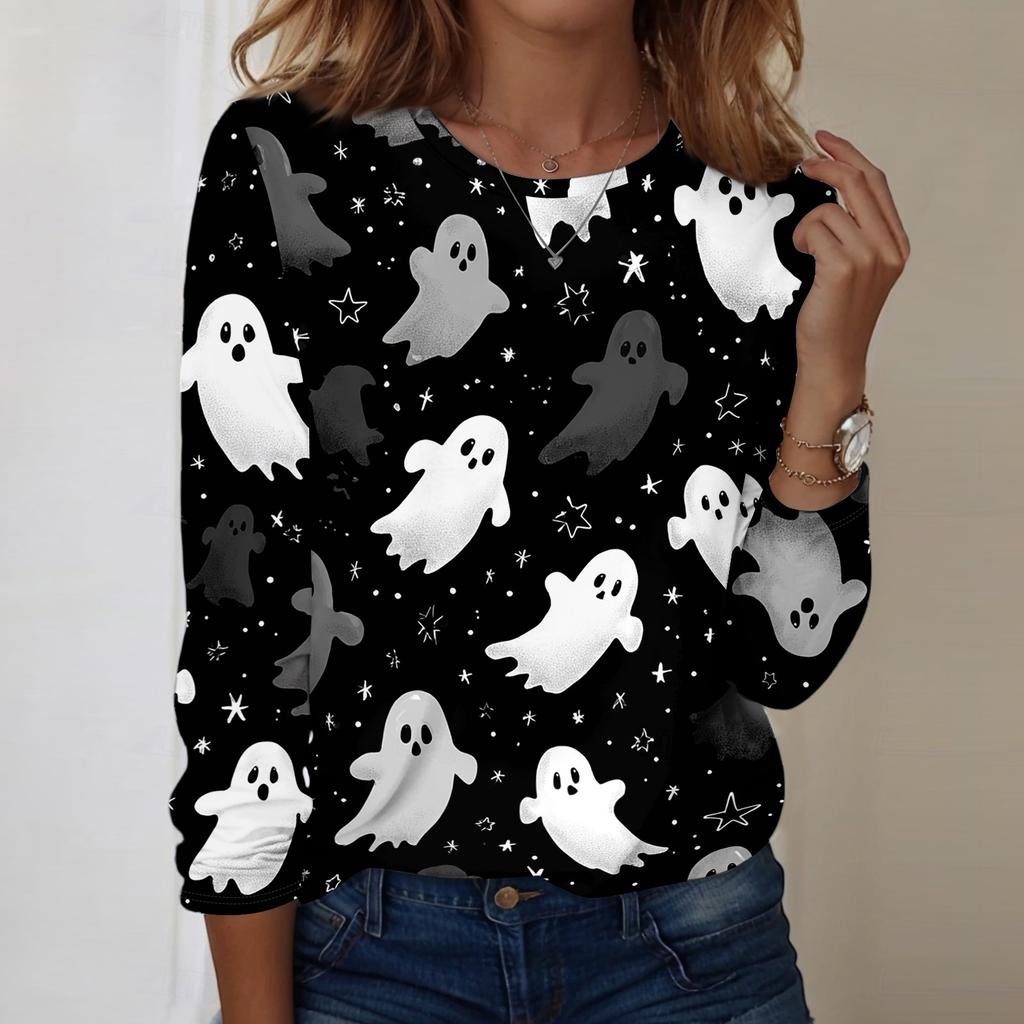 Women's Casual Long Sleeve Crewneck Top with Halloween Print for Fall Festive Wear