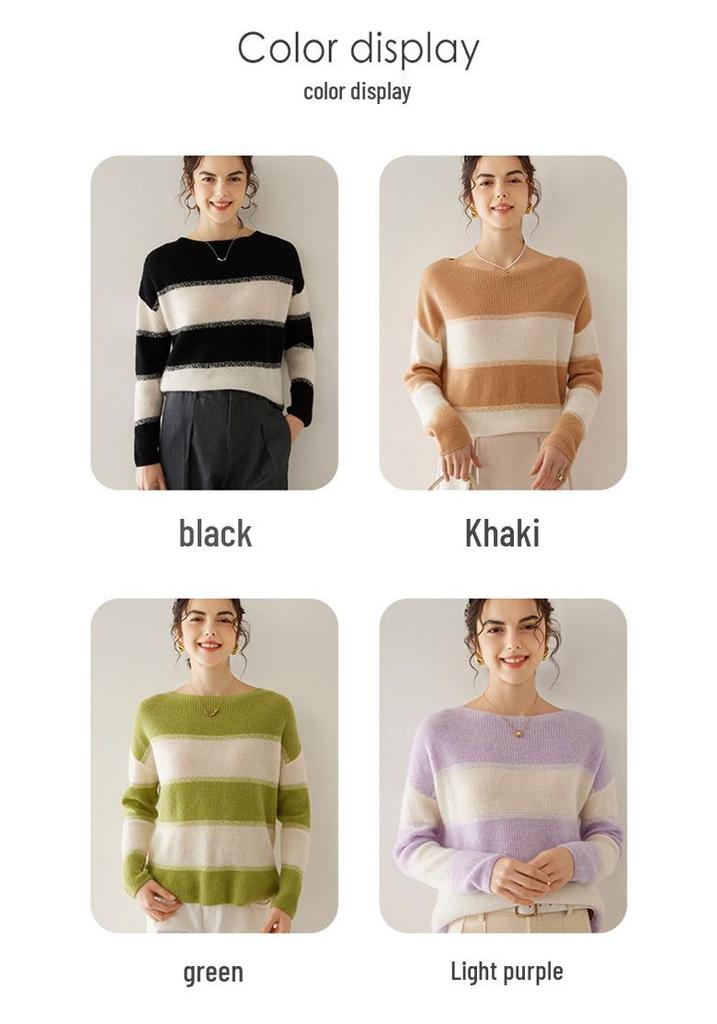 Women's Off-Shoulder Striped Cashmere Sweater - Long Sleeve Knit Pullover