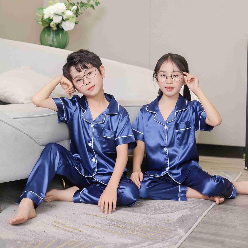 Girls' Imitation Silk Pajama Set - Short Sleeve Top & Long Pants, Lapel Design, Spring/Summer Homewear