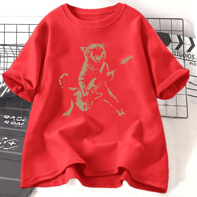 

Рок-кот, играющий на гитаре, футболка женская мужская забавная футболка с котом-гитаристом повседневная футболка с коротким рукавом и круглым вырезом унисекс уличная одежда 4XL