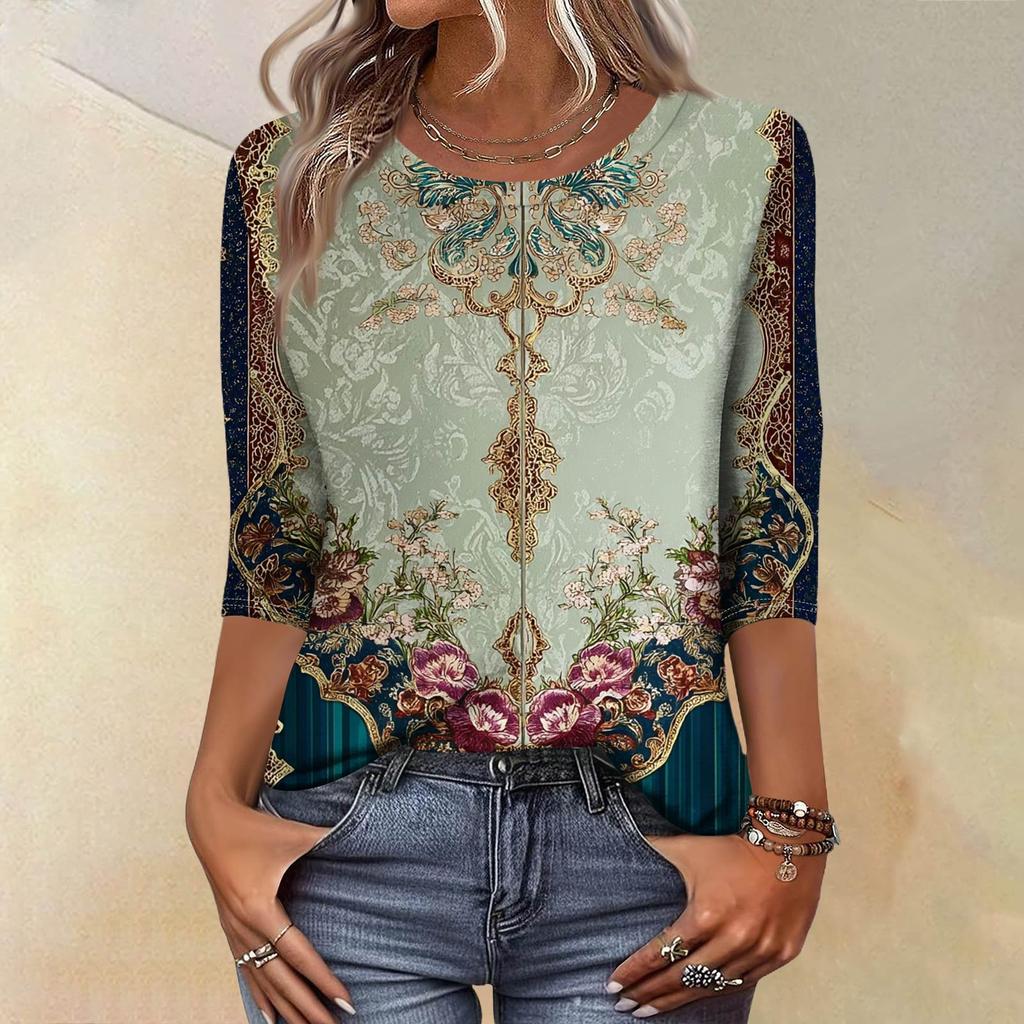 Módní vintage top s 3/4 rukávem pro ženy, dámská ležérní halenka s tříčtvrtečním rukávem a kulatým výstřihem s potiskem