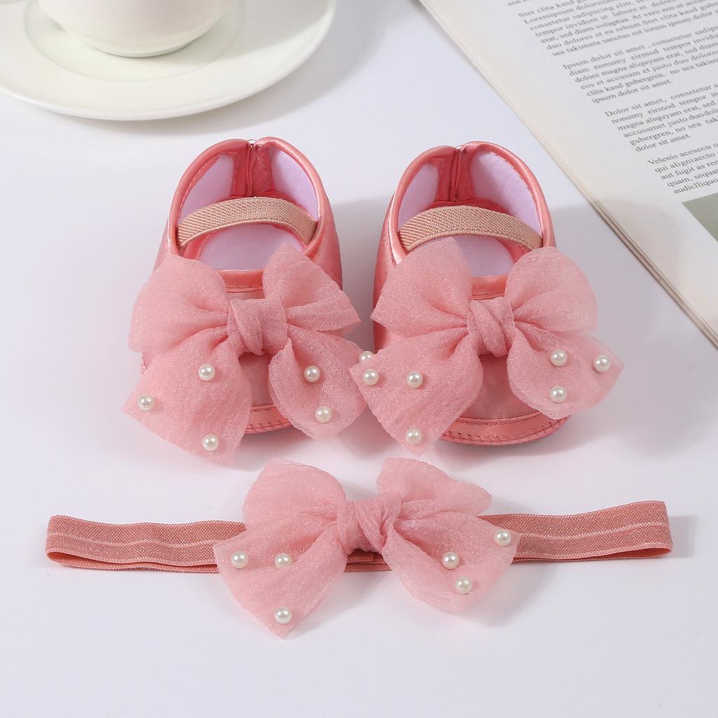 Elegant Lace Pearl Tulle Bow Baby Crib Shoes Matching Stretch Headband Set, Non-Slip Flexible Sole Toddler First Walkers Princess Outfit Accessory
