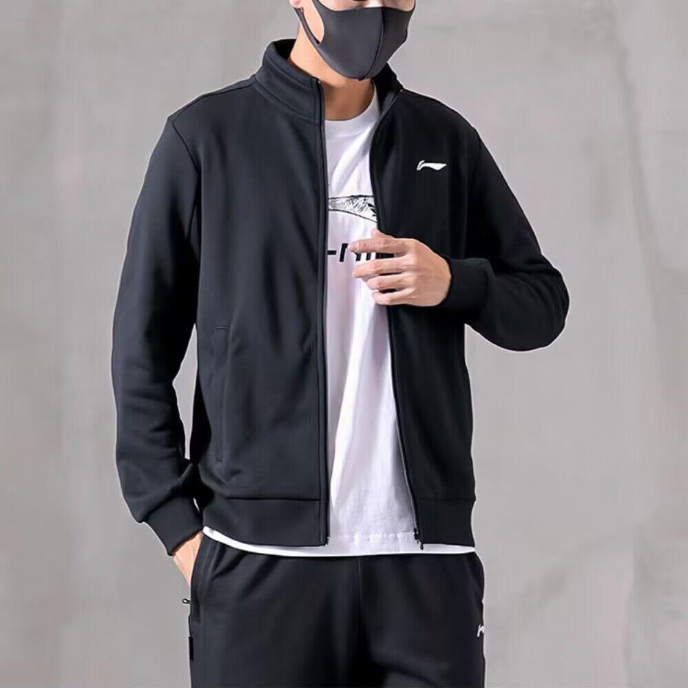 Li Ning Solid Color Brand Logo Knitted Casual Sports Suit Men suits Black AWDT959-1+AKLT647-1