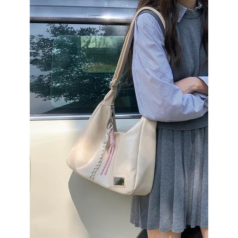 Soft PU Leather Women's Shoulder Bags College Girls Underarm Crossbody Bag Casual Solid Color Female Tote Handbags with Pendant