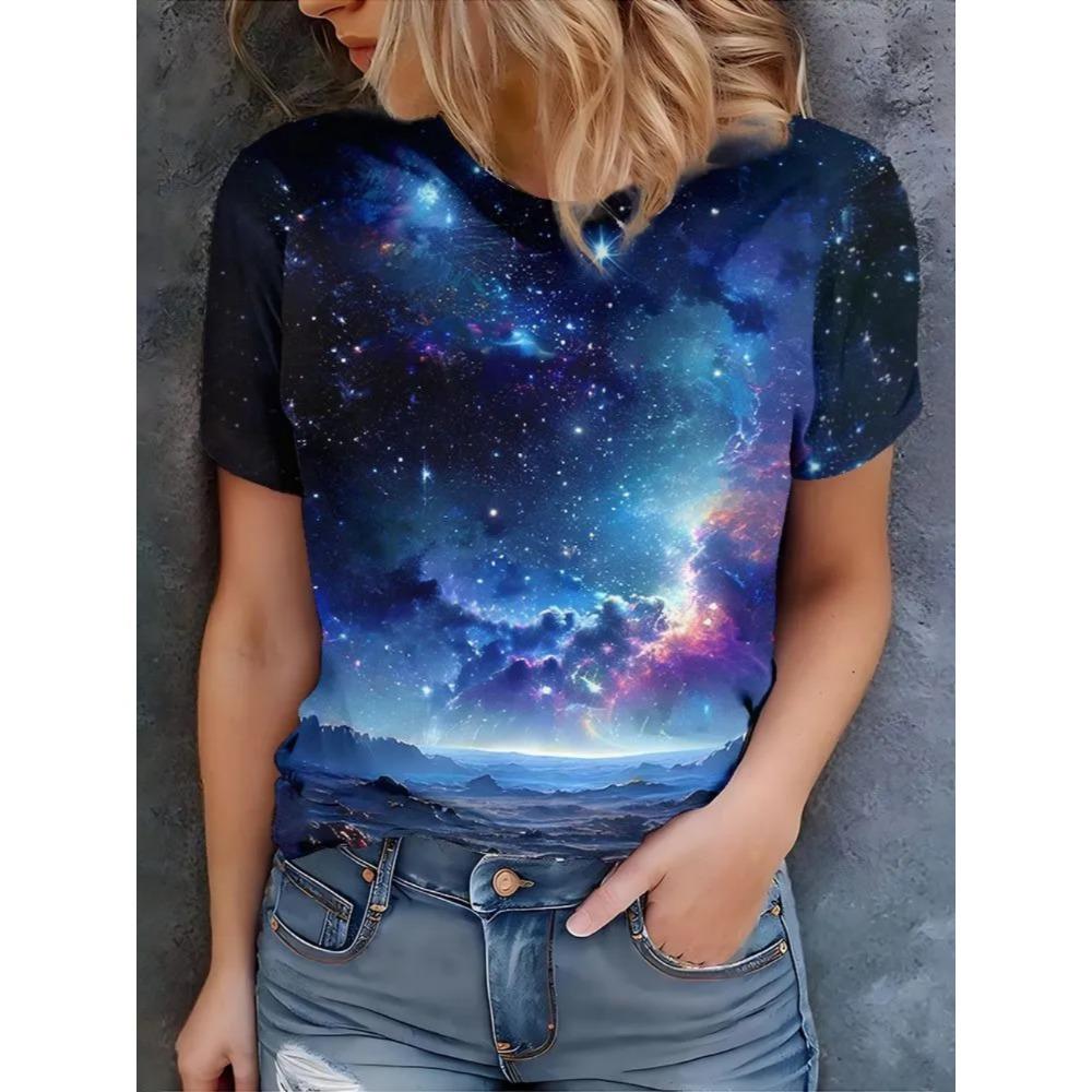 Ladies Fashionable Comfortable Printed T-shirt Colorful Starry Sky Patterns Loose Breathable Large Size Short Sleeved T-shirt