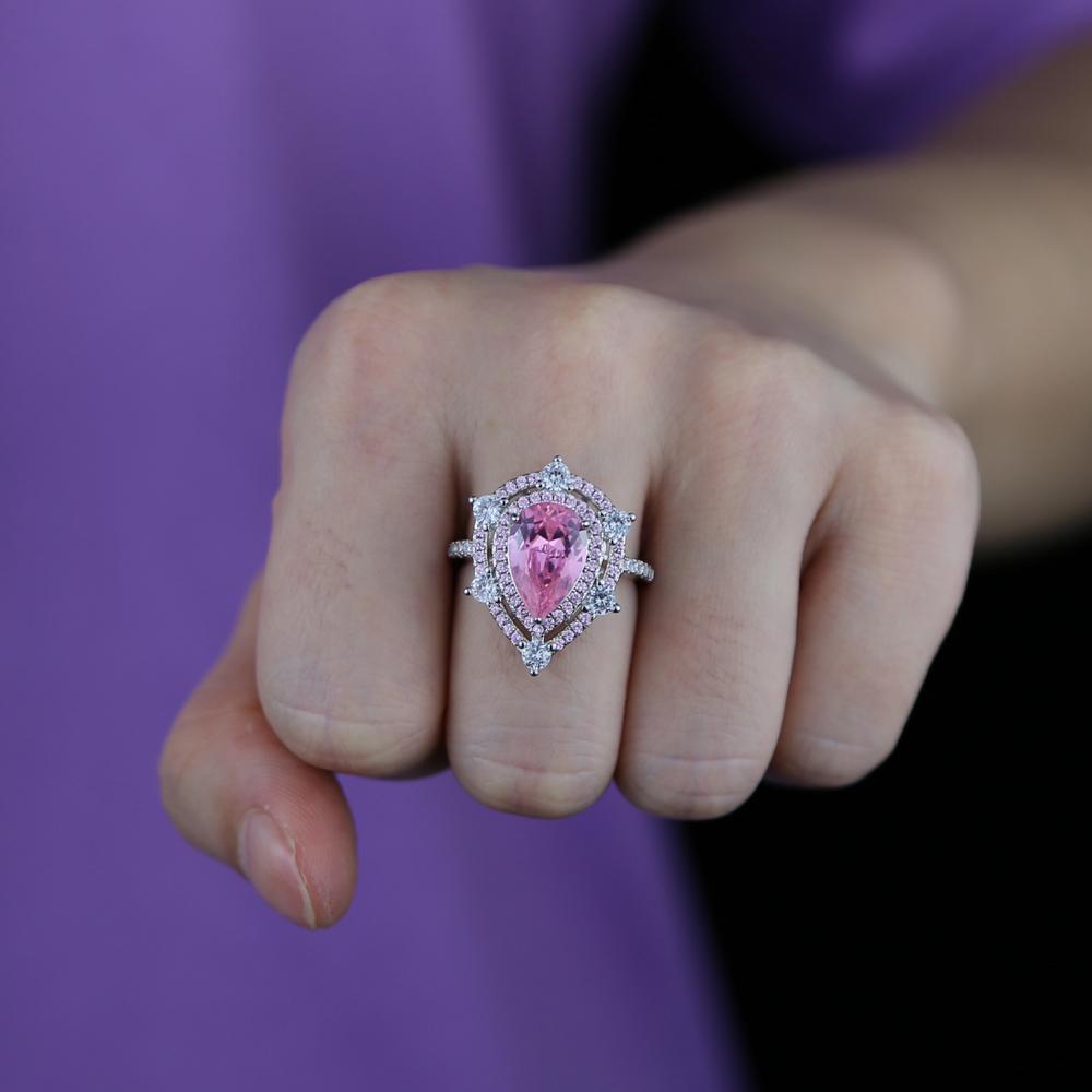 2022 Iced Out Bling pink Girl Micro Pave Cz Double Layer White pink Drop Water Shape Diamond Women Ring