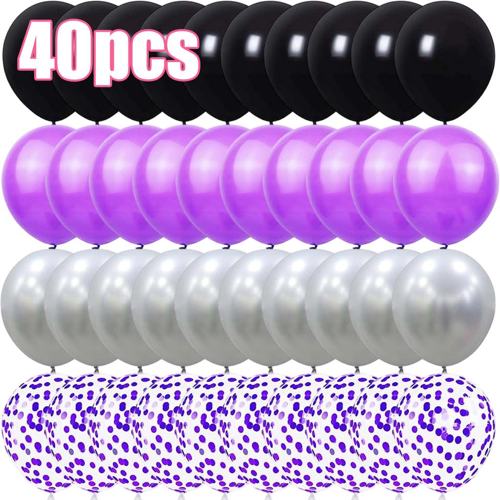 Black Purple Silver Confetti Latex Balloons 20–160 Pack, 12in Decor for Birthday Halloween Wedding