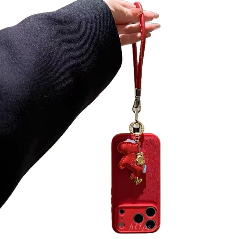 Lunar New Year Lychee Pattern Gold Horse Phone Case for iPhone 17 Pro Max, 16, 15 Pro with Lanyard