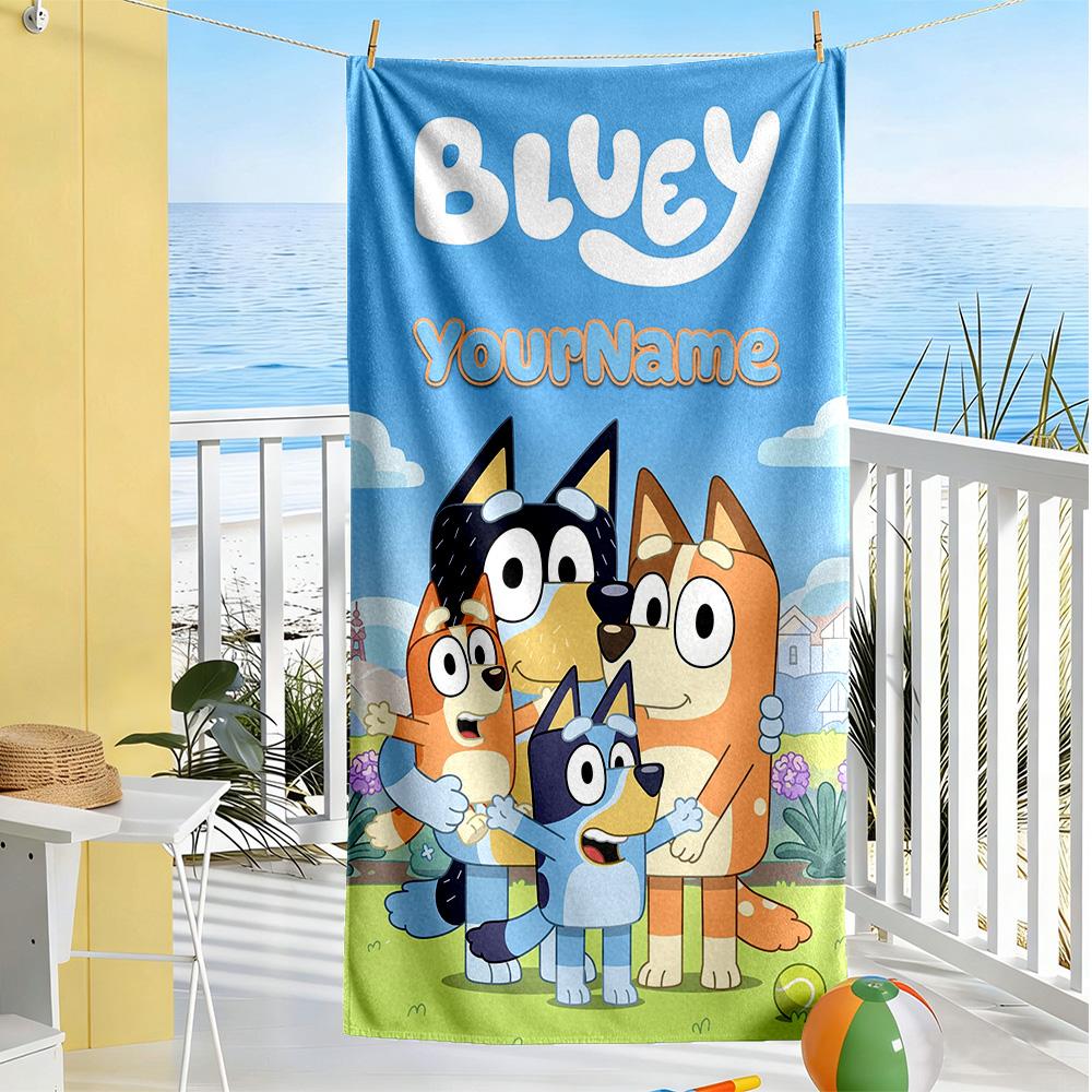 Bluey Customizable Name Beach Towel Super Soft Microfiber Quickdry Fabric Suitable for Swimming Gym Camping Yoga Vacation