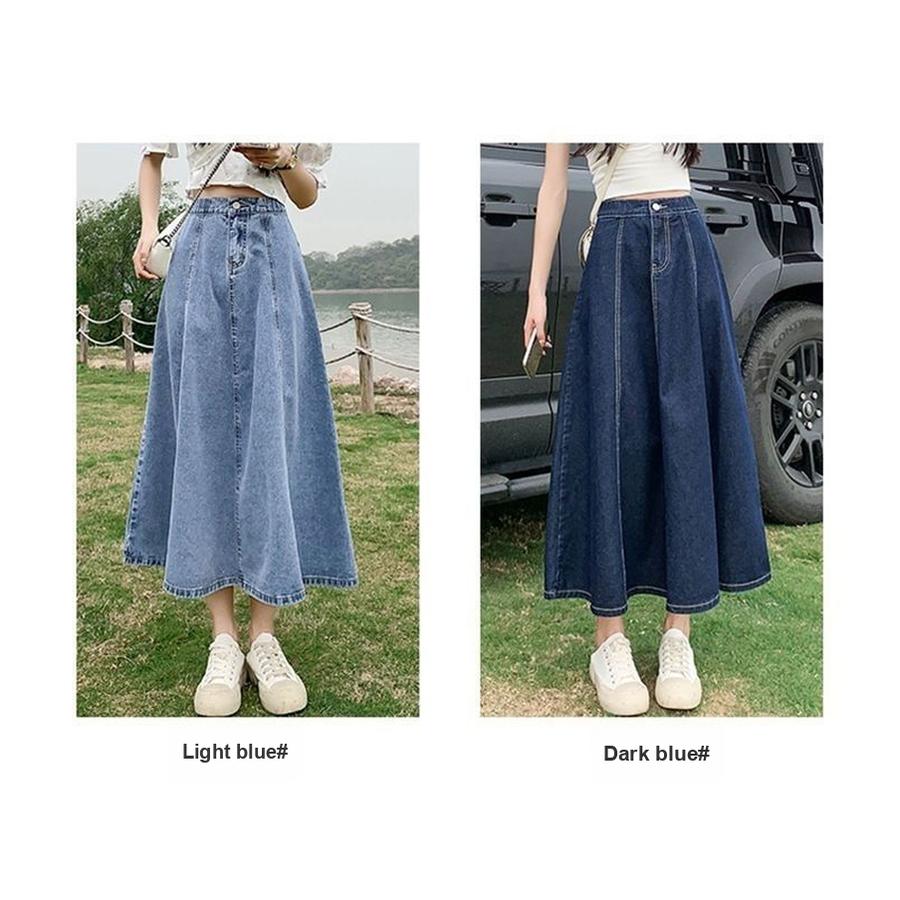 New Women's Long Skirt, Spring/Autumn Denim A-Line Pleated High Waist Slimming Umbrella Skirt