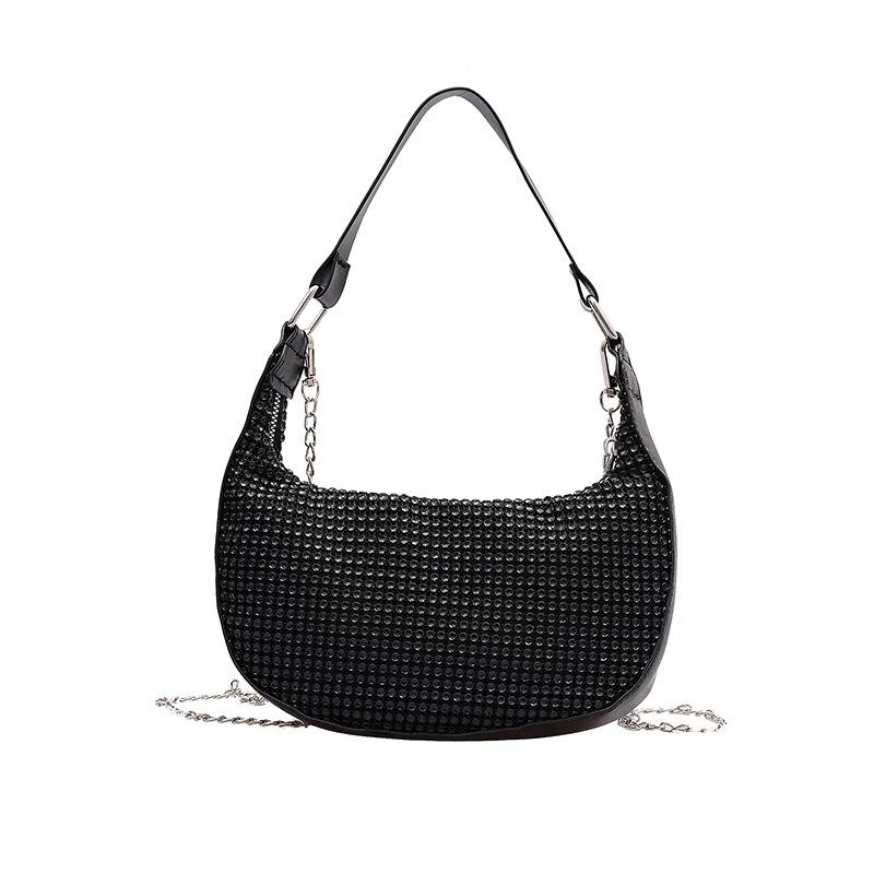 IELGY Joker rhinestone chain shoulder bag baguette portable diagonal bag Black