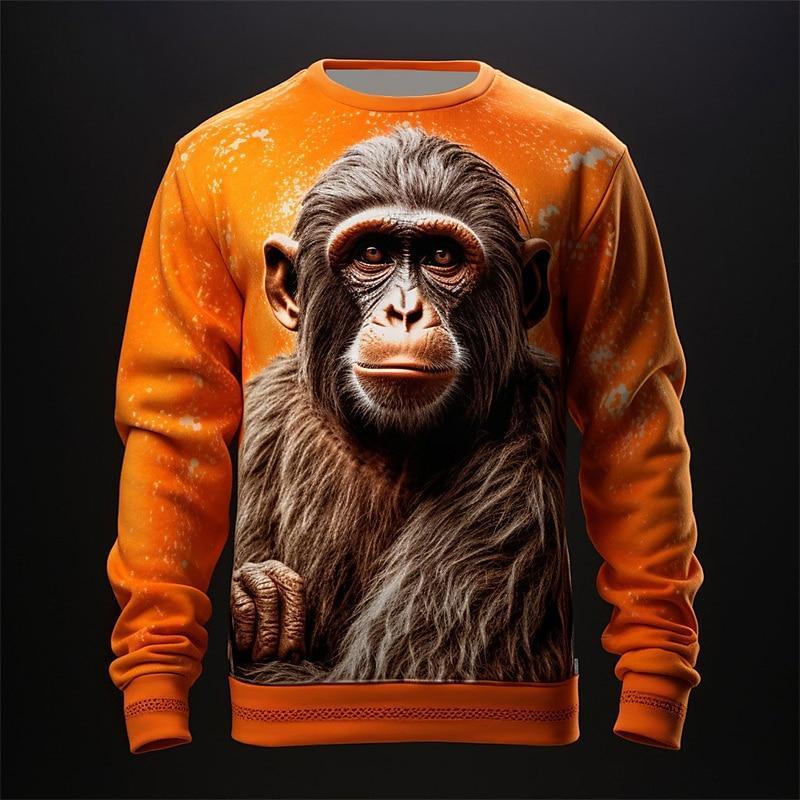Men's Funny Monkey Graphic Sweatshirt 3D Print Animal Gorilla Pattern Round Neck Pullover Oversize Daily Casual Personality Tops