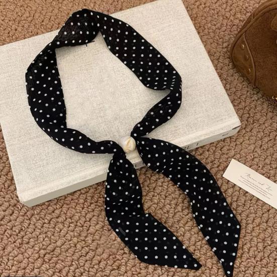 Women Scarf Imitation Pearl Buckle One-Piece Design Scarf Lightweight Chiffon Satin French Retro Black White Dot Neck Collar