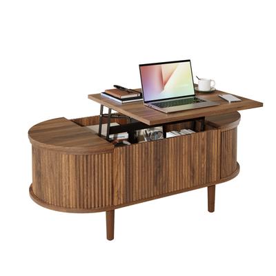 Ovaler, verstellbarer Couchtisch, mit Stauraum, Vintage-Stil, Multifunktionaler Tisch, Beine aus Massivholz, Moderne Multifunktionsmöbel.